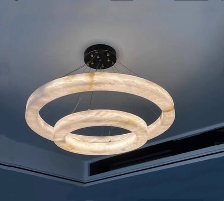 Nordic Led Modern Ring Spanish Alabaster Stone Brass Pendant Lamp Chandelier For Living Room