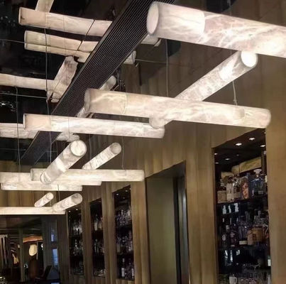 Custom Hotel Indoor Deco Modern Hanging Dining Room Pendant Light Nordic Luxury Brass Alabaster Linear Big Chandelier