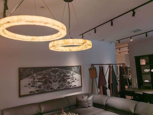 Custom European Modern Unique Circle Ring Lighting White Natural Led Alabaster Chandelier For Living Room Dining Room