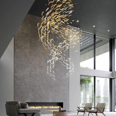 Project Custom Hotel Lobby Villa Mall Staircase Hanging Hand Blown Glass Feather Leaf Led Chandelier Pendant Light