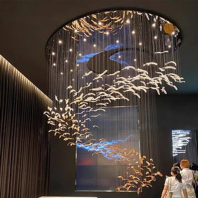 Project Custom Hotel Lobby Villa Mall Staircase Hanging Hand Blown Glass Feather Leaf Led Chandelier Pendant Light