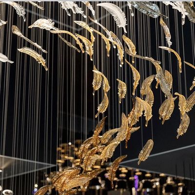 Project Custom Hotel Lobby Villa Mall Staircase Hanging Hand Blown Glass Feather Leaf Led Chandelier Pendant Light