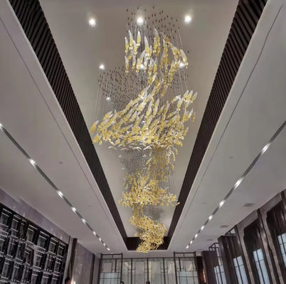 Project Custom Hotel Lobby Villa Mall Staircase Hanging Hand Blown Glass Feather Leaf Led Chandelier Pendant Light