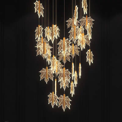 Modern Led Simple Art Leaf Acrylic Chandelier Gold Home Hotel Staircase Dining Decorate Pendant Light