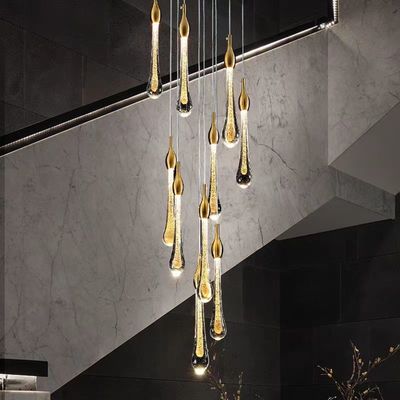 Modern Simple Crystal Water Drop Stairwell Chandelier 3200-6500K Three Colors Change Light For Duplex Hotel Restaurant Villa