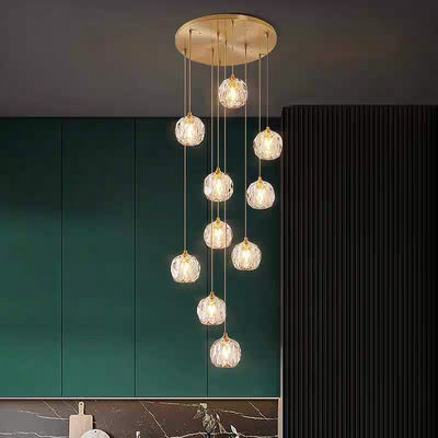 15 KG Crystal Football All Copper Crystal Light Luxury Living Room Apartment Villa Living Room Rotating Rise Staircase Long Pendant Lamp