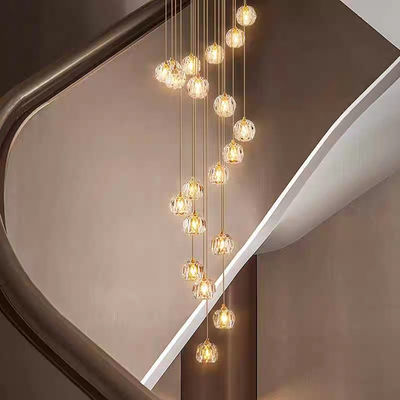 15 KG Crystal Football All Copper Crystal Light Luxury Living Room Apartment Villa Living Room Rotating Rise Staircase Long Pendant Lamp