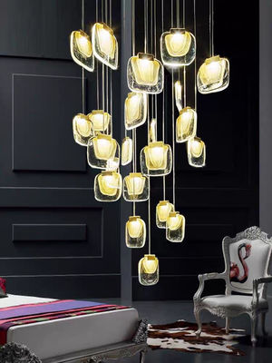 Nordic Light Luxury Designer LED Light Strip Crystal Glass Pendant Lamp For Living Room Dining Room Villa Staircase