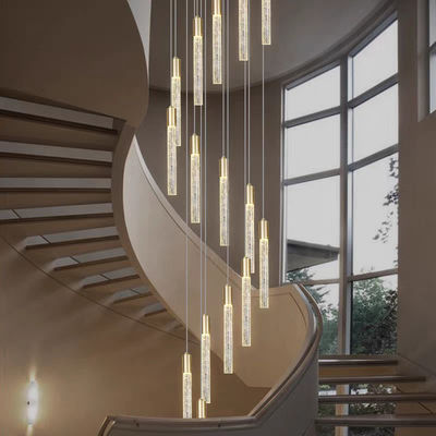 Modern Luxury Interior Hotel Stair Pendant Lamp Gold / Black Crystal Stick Design