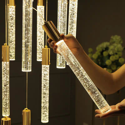 Modern Luxury Interior Hotel Stair Pendant Lamp Gold / Black Crystal Stick Design