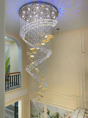 Modern Long Staircase Lighting Fixture Luxury Fiber Optic Spiral Raindrop Crystal Ceiling Chandeliers