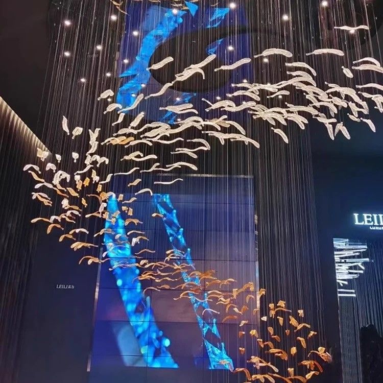 Project Custom Hotel Lobby Villa Mall Staircase Hanging Hand Blown Glass Feather Leaf Led Chandelier Pendant Light