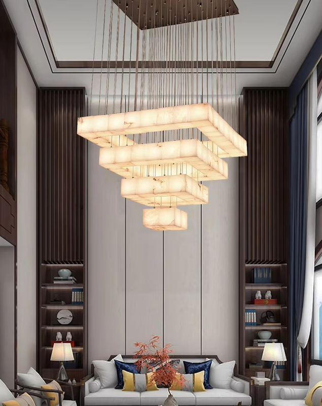 Full Copper Marble Staircase Long Pendant Light Modern Minimalist Designer Villa Living Room Creative Decoration Alabaster Lamp