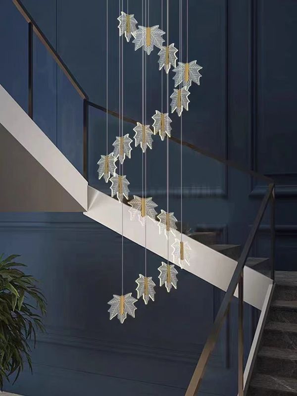 Modern Led Simple Art Leaf Acrylic Chandelier Gold Home Hotel Staircase Dining Decorate Pendant Light