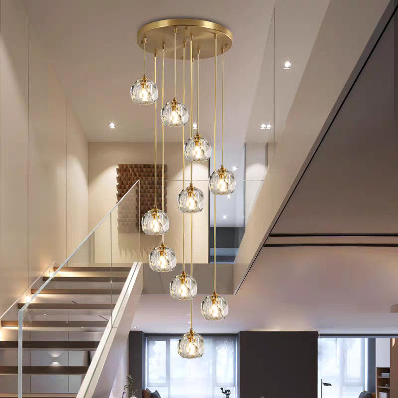 15 KG Crystal Football All Copper Crystal Light Luxury Living Room Apartment Villa Living Room Rotating Rise Staircase Long Pendant Lamp