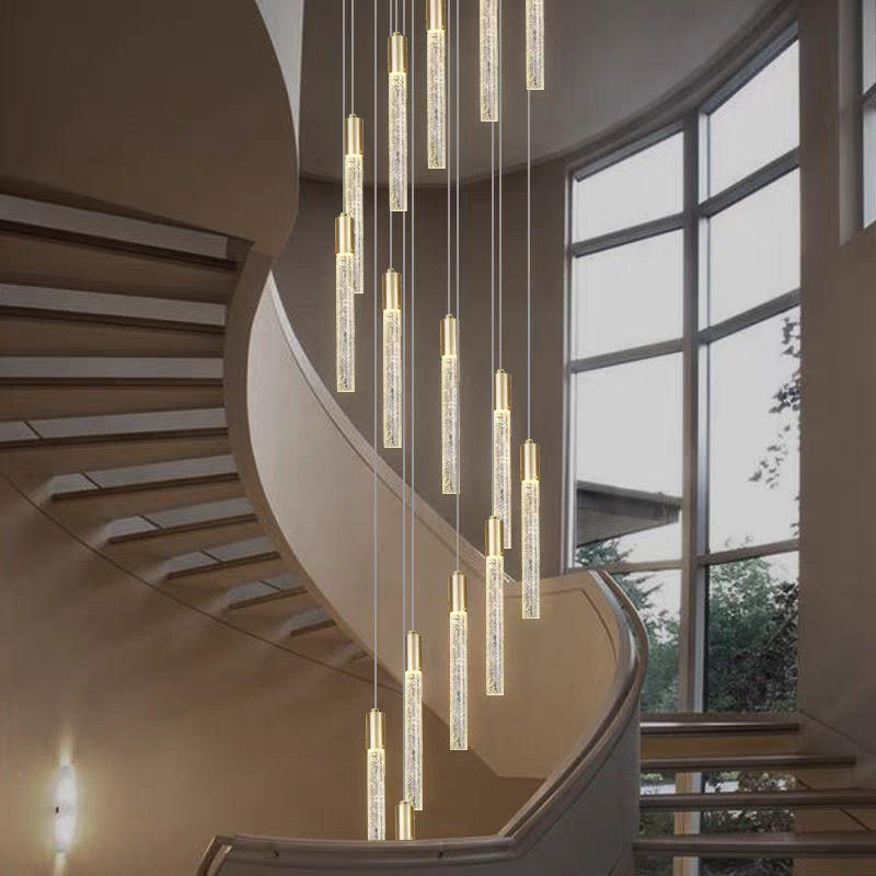 Modern Luxury Interior Hotel Stair Pendant Lamp Gold / Black Crystal Stick Design