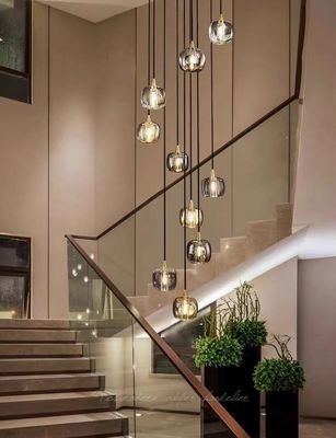 Chocolate All Copper Staircase Pendant Lamp End Villa Living Room Light with Luxury Crystal and Rotating Function