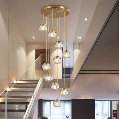 15 KG Crystal Football All Copper Crystal Light Luxury Living Room Apartment Villa Living Room Rotating Rise Staircase Long Pendant Lamp